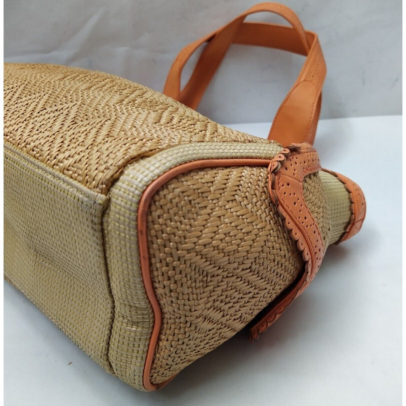 Cole Haan Tan Straw Orange Leather Trim Pocket Double Handle Satchel Bag - Picture 9 of 16